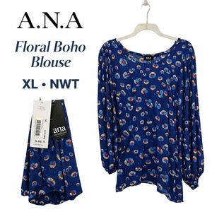 NWT A.N.A Blue Floral Boho Blouse  Size XL